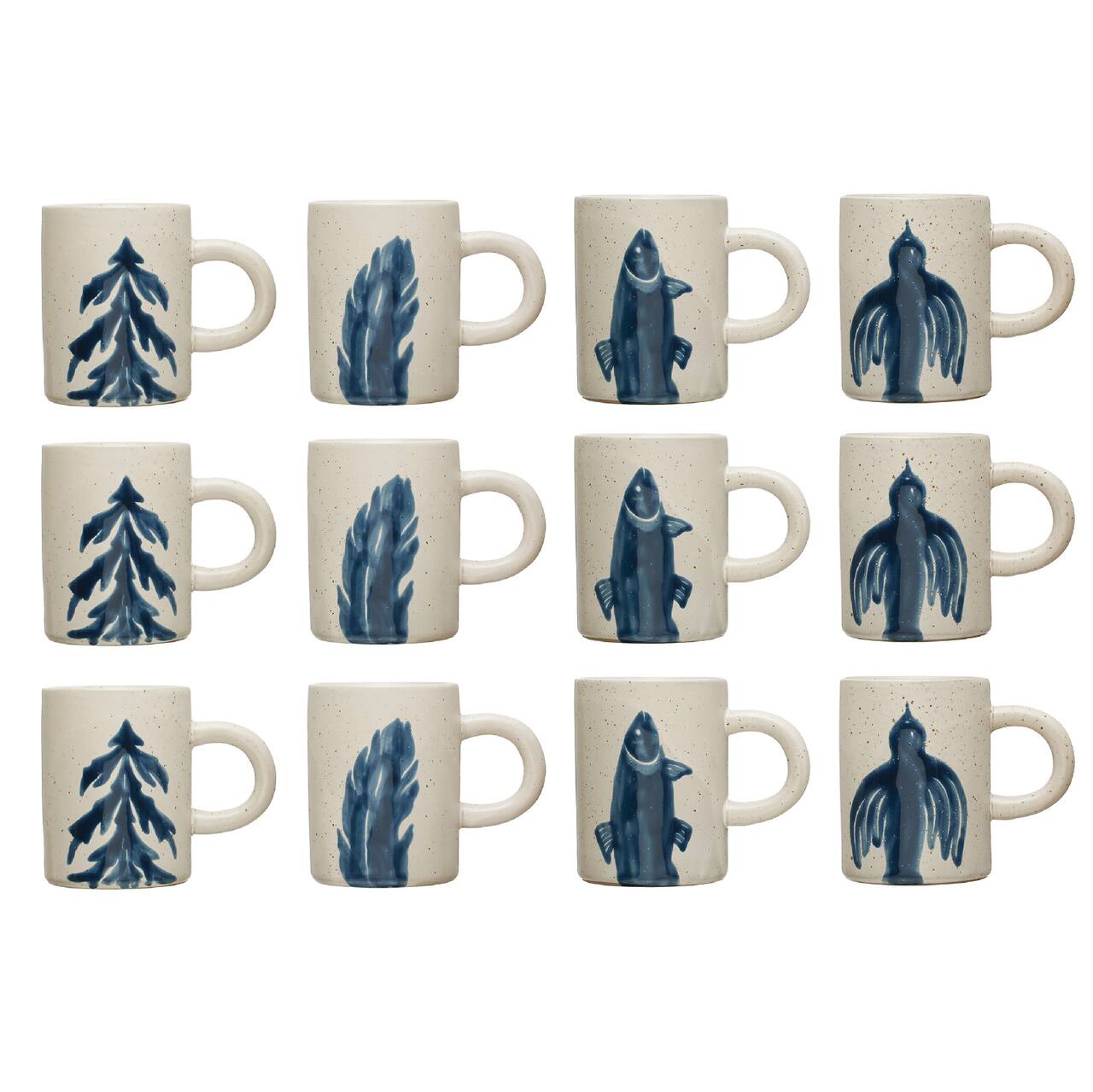 Hello Honey® 12oz. Antique White and Blue Farmhouse Hand Painted Stoneware Mugs Set with Painted Flora and Fauna